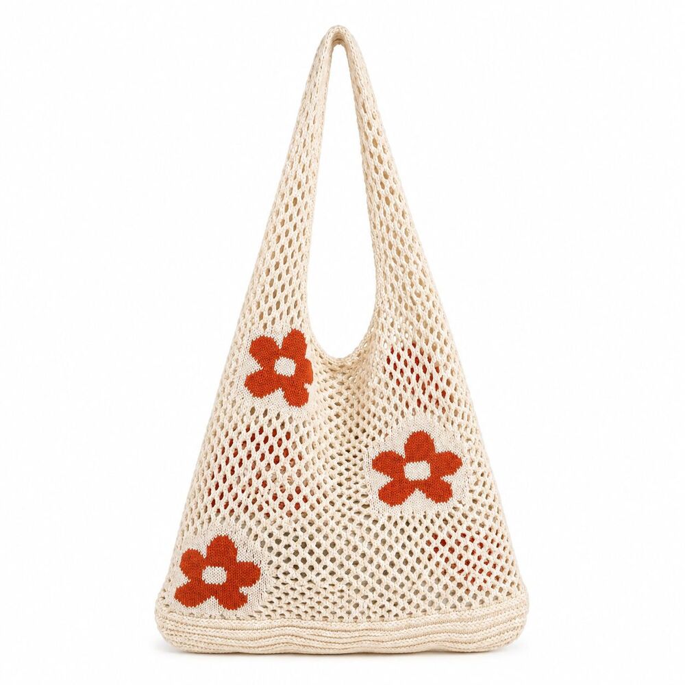 Crochet Tote Bag Cream Orange Floral 70s Boho Hippie Cottagecore Beach Market